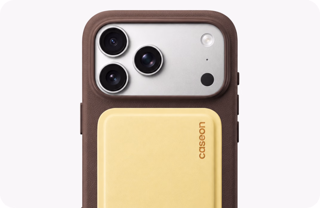 Caseon Core case in brown with a sand MagSafe wallet, back view